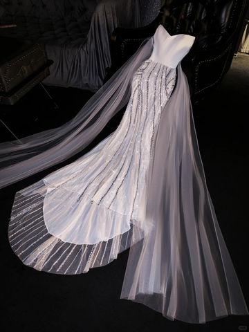 White Mermaid Sweetheart Neck Sequin Satin Tulle Party Dress Evening Dress HZ1023